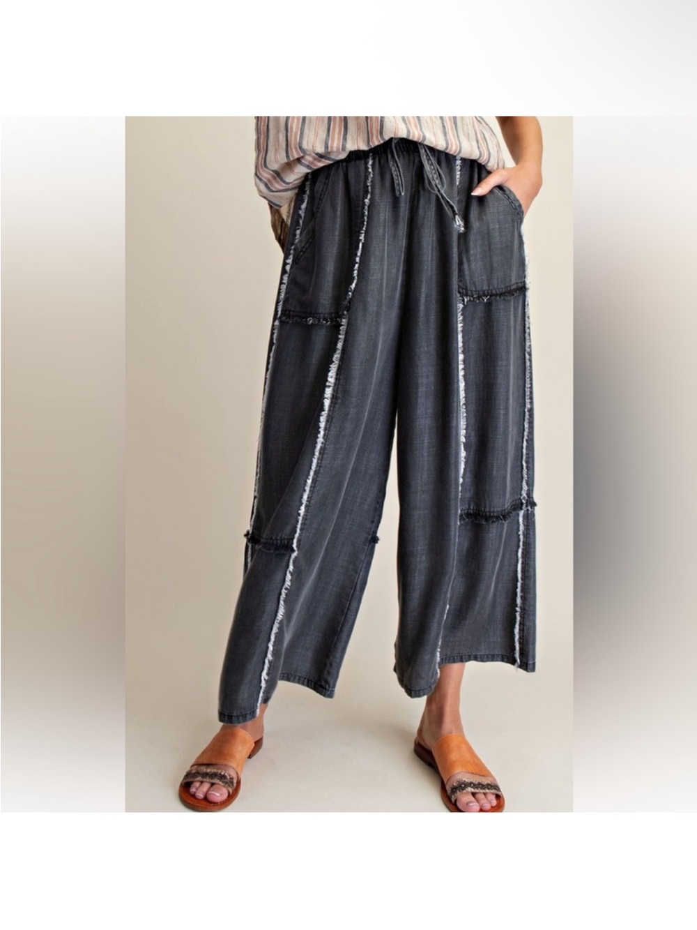 NWT Easel Frayed-Trim Cropped Wide-Leg Pants - Charcoal